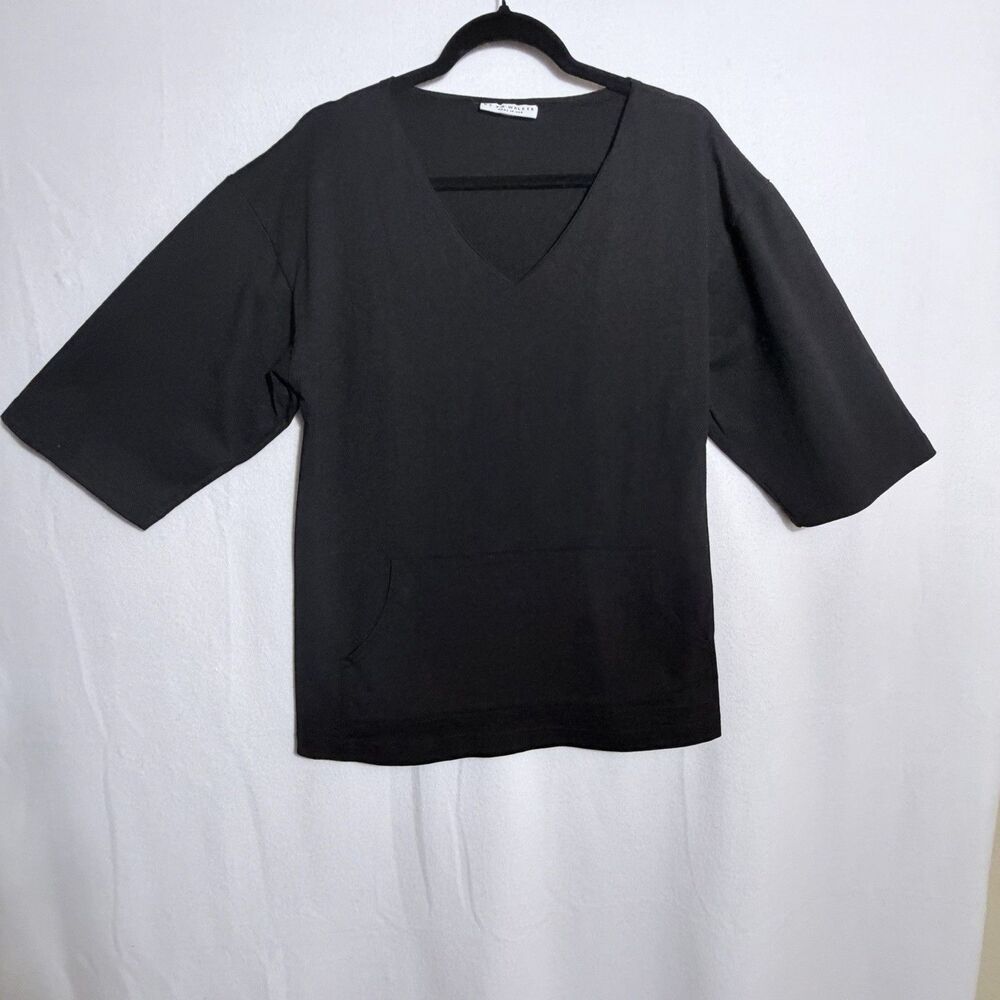 Bryn Walker Black Relaxed Cotton 3/4 Sleeve Kangaroo Pocket Judy Top Blouse XS